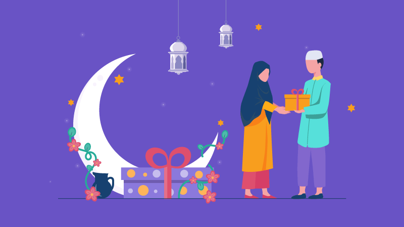 Premium Vector  Eid mubarak greeting card with gift box crescent moon  stars decorated on blue and white background
